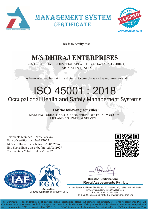 Dhiraj Enterprises Is Proudly Certified With Iso 45001:2018 By Royal Assessments Pvt. Ltd.